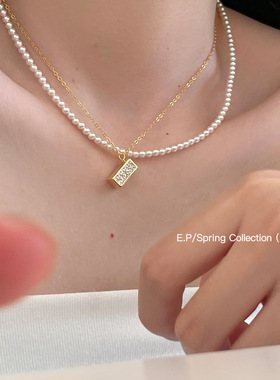极简大气几何方块锆石吊坠项链女轻奢气质纯银锁骨链百搭时尚颈链