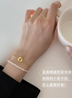 巴洛克珍珠手链S925纯银女LUCKY字母小花朵OT扣小众设计ins手饰品