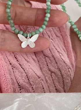 新中式古风玉石串珠项链女简约设计感高级纯银蝴蝶吊坠锁骨链新款