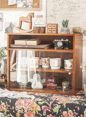 旧色桌面玻璃实木收纳复古