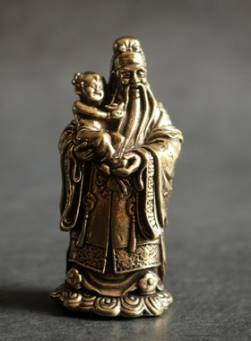 复古纯黄铜办公桌面车载小摆件福禄寿财神古铜随身工艺品手把玩件