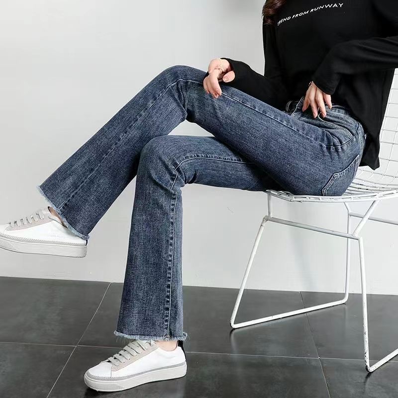 蓝灰色微喇牛仔裤女2025秋冬季高腰修身显瘦百搭小个子毛边小喇叭