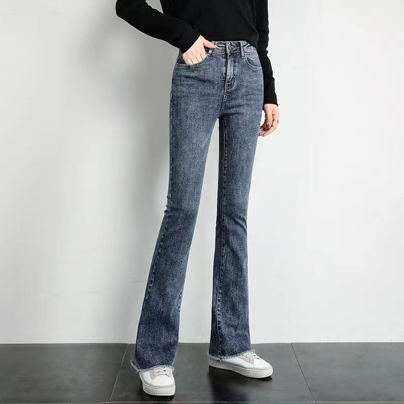 蓝灰色微喇牛仔裤女2025秋冬季高腰修身显瘦百搭小个子毛边小喇叭