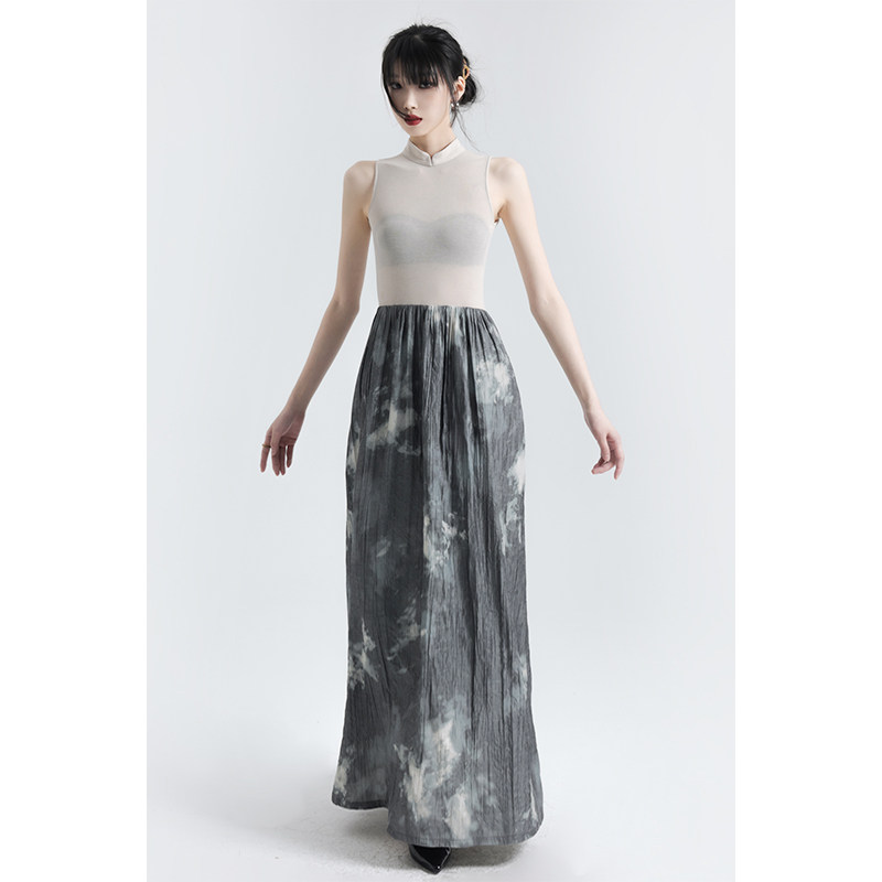 APOZi collection 山水序曲夏季中式立领褶皱弹力拼接设计印花裙,淘宝优惠券,粉丝福利购,淘宝优惠卷