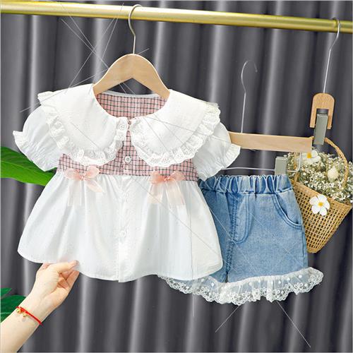 Girls suit summer children baby girl doll collar top+ denim-图2