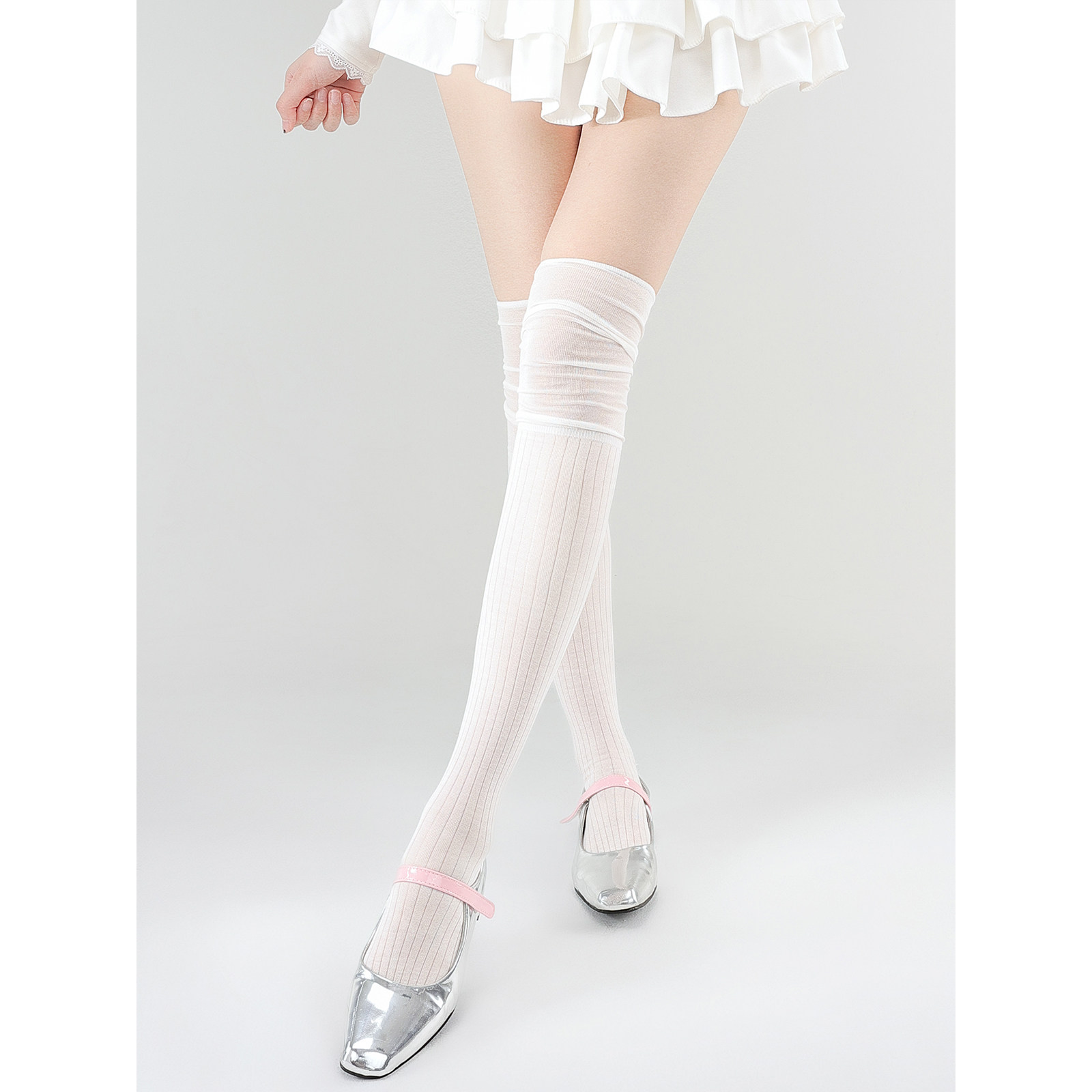 抵达一楼白色网纱拼接过膝袜夏季薄款堆堆袜大腿袜女日系jk长筒袜,淘宝优惠券,粉丝福利购,淘宝优惠卷