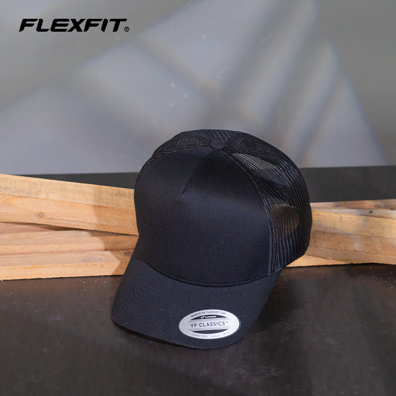 FLEXFIT 可调节五片高顶帽黑色男士帽子棒球帽鸭舌帽网帽