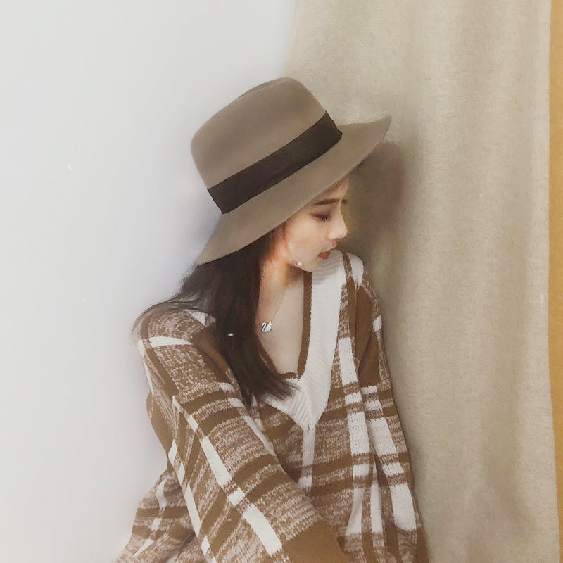 潮孚旗舰店帽子女秋冬羊毛大檐帽欧美复古毛呢礼帽女英伦韩版小清新爵士帽0