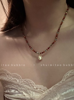 亮眼美拉德小众风高级感项链猫眼石手工串珠链水晶吊坠复古锁骨链