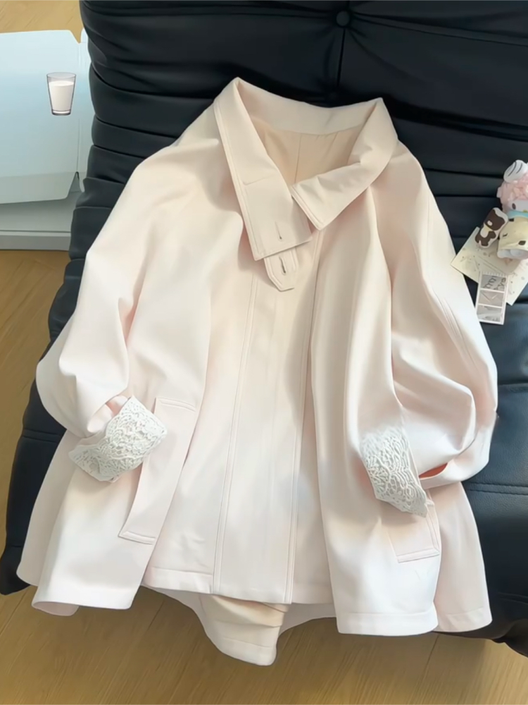 粉樱絮语 甜美少女感新款风衣立领袖口蕾丝拼接设计宽松气质外套~,淘宝优惠券,粉丝福利购,淘宝优惠卷