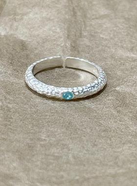 S925纯银拉丝海蓝宝戒指女简约风尾戒小众设计2023爆款情侣食指戒