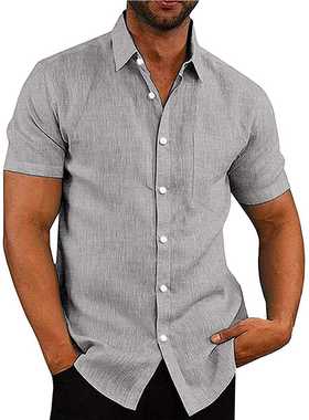 Men‘s Casual Cotton Linen Shirts Summer Short Sleeve L