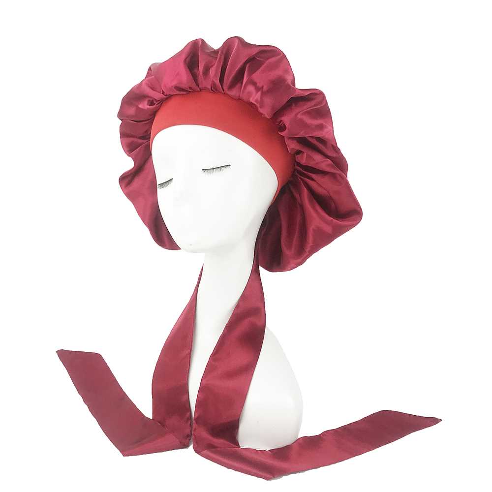 Solid Satin Bonnet with Wide Stretch Ties Long Hair Care Com - 图0