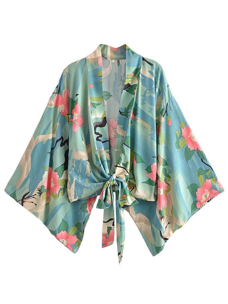 Boho Vintage Floral Print Sashes short Kimono Women 2021 Fas-图2