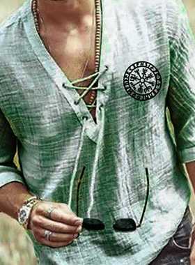 Plus Size Men's Tee Shirt Solid Tops Pullover V Neck Lace-up