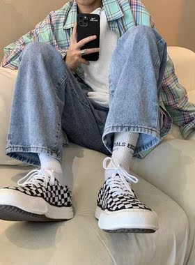 Cotton Black/Blue/White Jeans Men's Fashion Casual Wide-leg