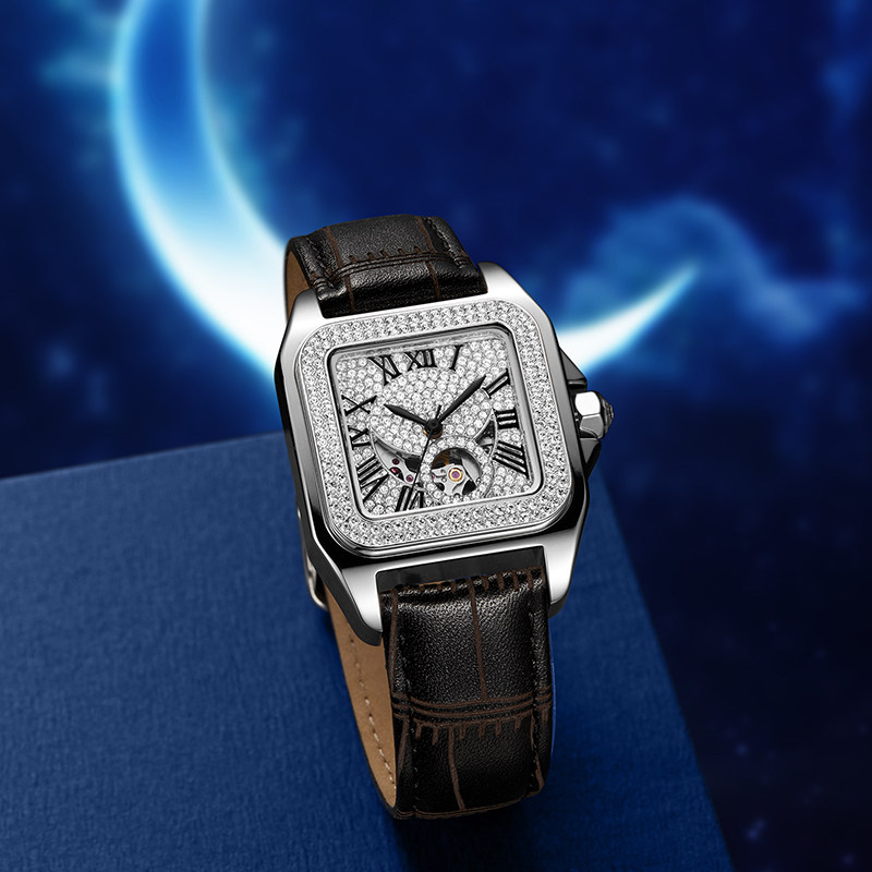 蒂玮娜满钻方形水钻真皮带机械表 davena手表国产腕表