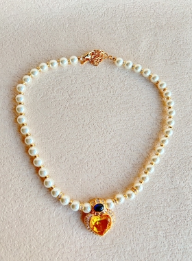 黄色爱心水晶钻吊坠珍珠项链