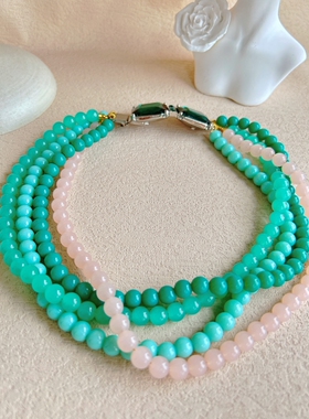 绿色小玉石串珠女中古多层项链
