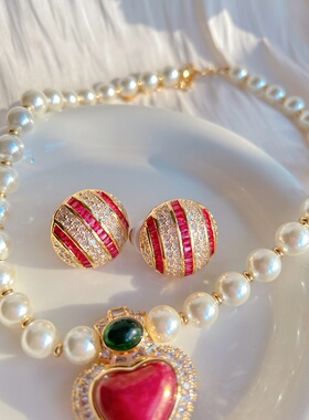 复古经典红绿撞色爱心珍珠项链