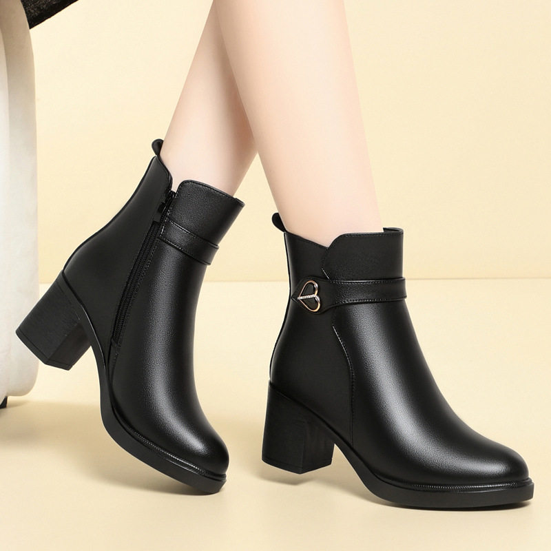 秋冬季新款粗跟短靴女式软皮高跟女靴女保暖羊毛妈妈棉鞋加绒皮鞋,淘宝优惠券,粉丝福利购,淘宝优惠卷