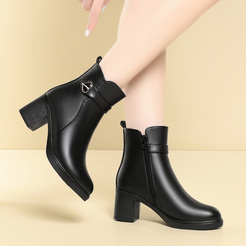 秋冬季新款粗跟短靴女式软皮高跟女靴女保暖羊毛妈妈棉鞋加绒皮鞋,淘宝优惠券,粉丝福利购,淘宝优惠卷