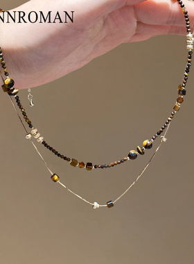 虎眼石串珠项链时尚女双层