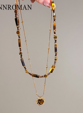 双层虎眼石项链爱心宝石
