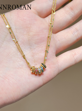 双层叠戴锆石圆环吊坠项链女