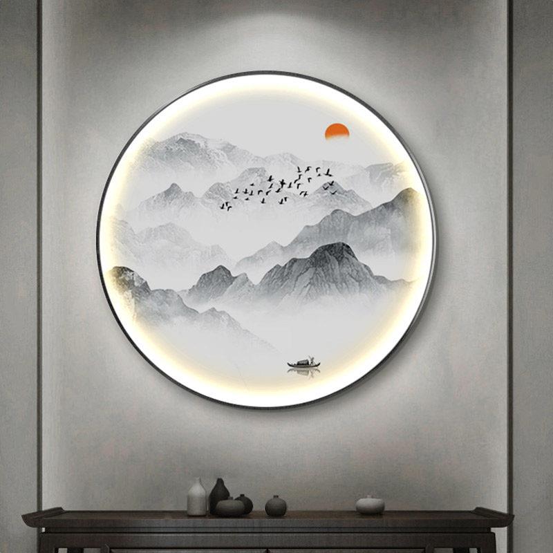 新中式圆形装饰画客厅玄关灯画山水画茶室禅意挂画水墨画风景壁画 - 图0