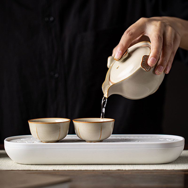 Gold inlaid corn yellow Ru kiln travel tea set
