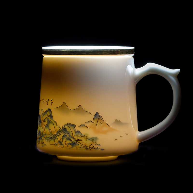 2024新款女士茶杯大号大容量陶瓷茶水分离马克杯德化白瓷杯子水杯