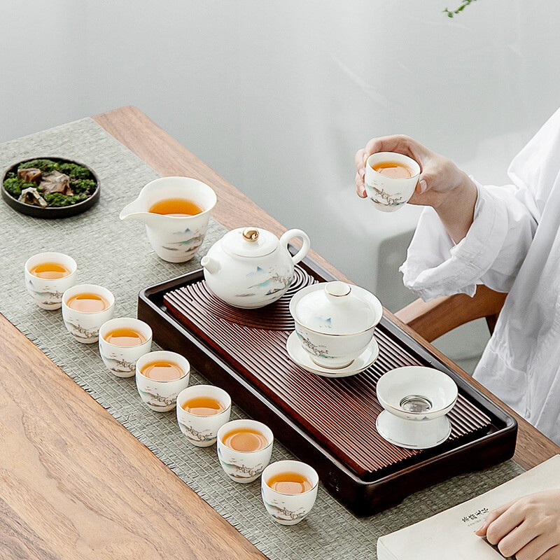 金镶玉羊脂玉瓷功夫茶具茶壶套装家用高档简约陶瓷泡茶白瓷盖碗