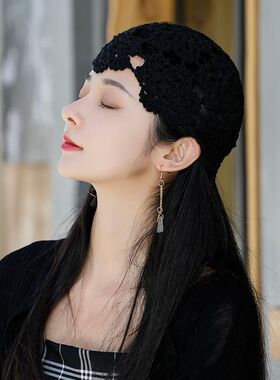 针织帽女夏毛线子春月子帽产后季针织帽蕾丝薄款唯美包头网手毛线