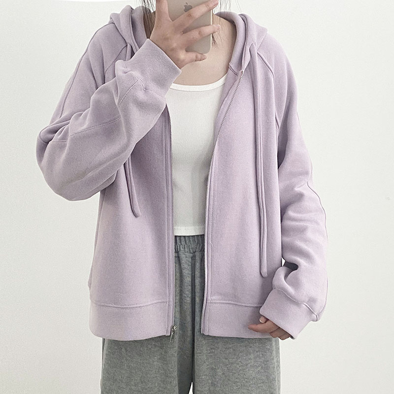 浅紫色插肩袖卫衣外套女短款2025秋冬小个子连帽开衫宽松拉链上衣 - 图3