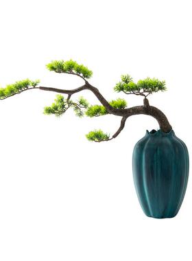 新中式仿真迎客松盆景摆件样板间书房条案玄关台花架盆栽