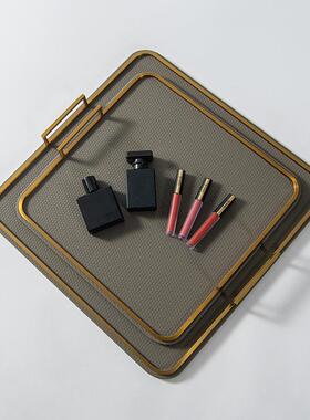 极简轻奢新中式皮质托盘摆件皮革意式高级感样板间软装饰品