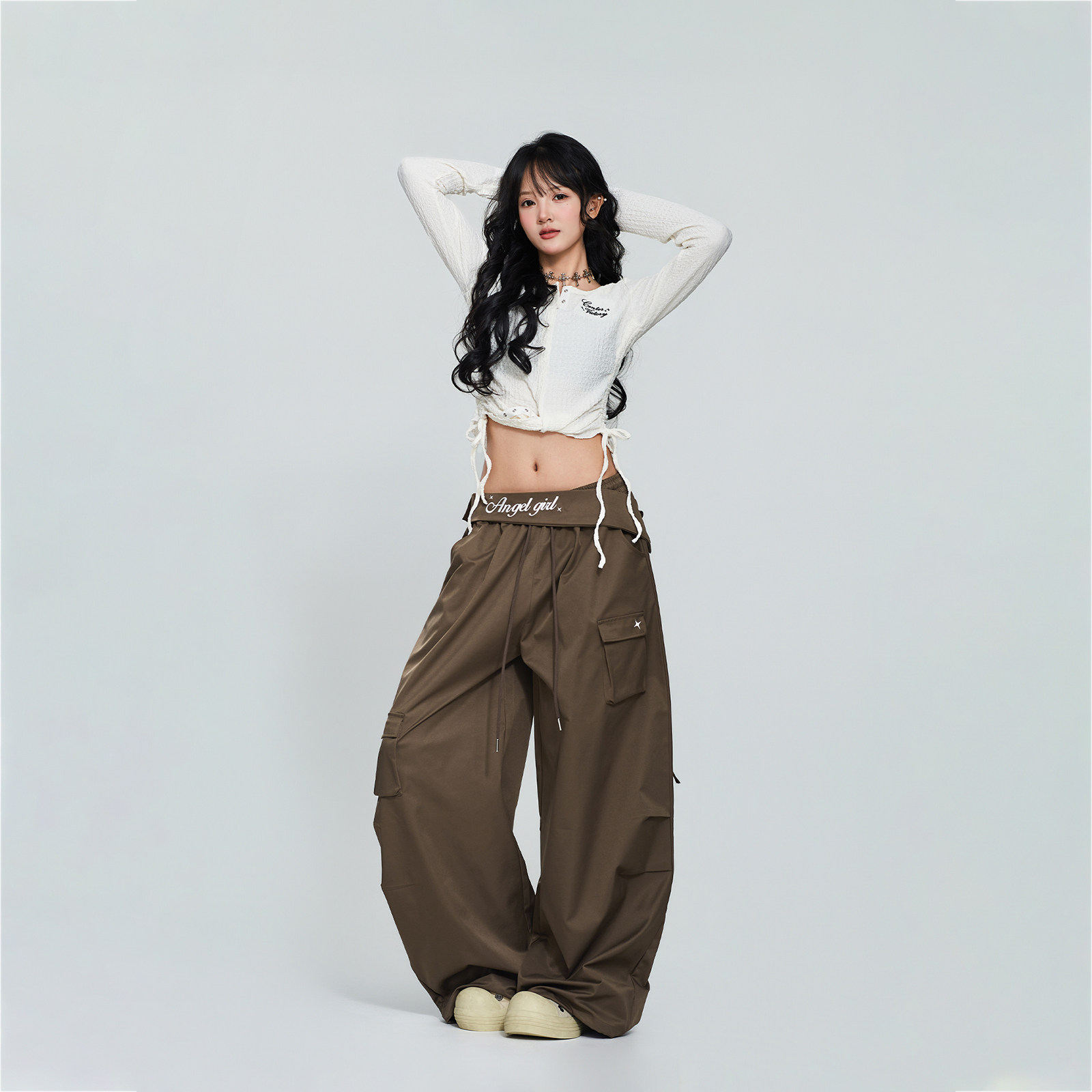 CV新广场舞潮牌"腰封工装裤"棕色跳舞嘻哈宽松新款直筒时尚工装裤,淘宝优惠券,粉丝福利购,淘宝优惠卷