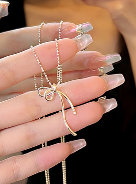 轻奢小众设计蝴蝶结飘带吊坠项链精致简约甜美夏季感锁骨链女