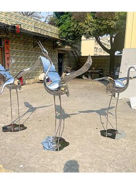 现货不锈钢仙鹤雕塑镜面草坪水池园林景观装饰抽象白鹭火烈鸟摆件