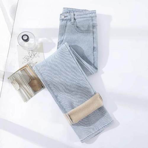 加绒窄版直筒牛仔裤女2025年秋冬新款加厚高腰显瘦浅色烟管裤长裤 - 图3