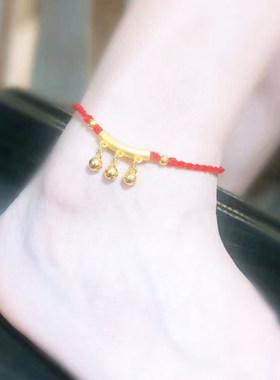 999足金弯管铃铛项链黄金吊坠编绳脚链女3D硬金脖链手链手串纯金