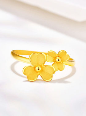 999足金戒指黄金幸运四叶草戒指指环女款3D硬金新款纯金尾戒