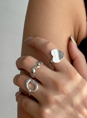 一恋韩版橄榄树叶戒指女复古时尚爱心C型开口指环嘻哈食指戒潮