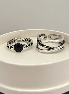 一恋简约线条交叉戒指女黑色滴釉