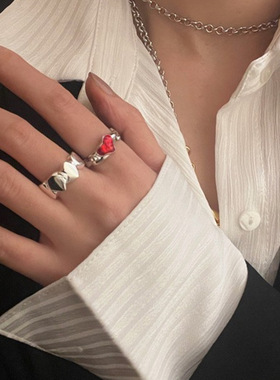 一恋韩版个性红色爱心戒指女复古时尚热情恋人开口指环食指戒潮