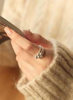 一恋多层线条圆珠戒指女百搭创意设计感移动圆珠开口指环小众食指