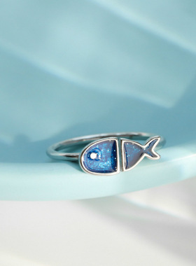 一恋蓝色小鱼开口戒指女简约时尚小众个性指环ins网红食