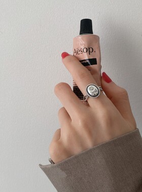 一恋韩国银smile笑脸戒指复古做旧开口指环网红食指戒摆地摊饰