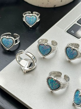 一恋简约蓝色爱心戒指女复古时尚百搭精致开口指环ins风小众食指